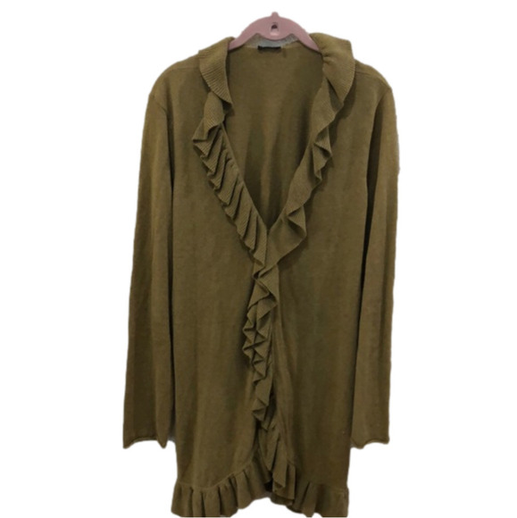 Magaschoni Size L cotton and cashmere blend olive green cardigan. . Ruffles - Picture 1 of 6